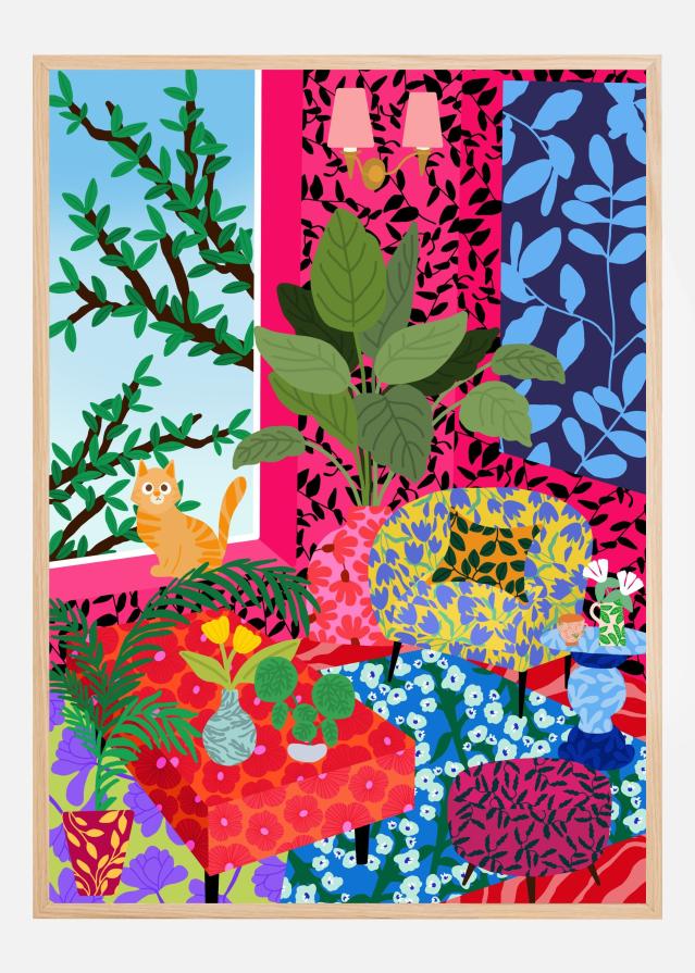 Cat in Flower Power Livingroom Poster