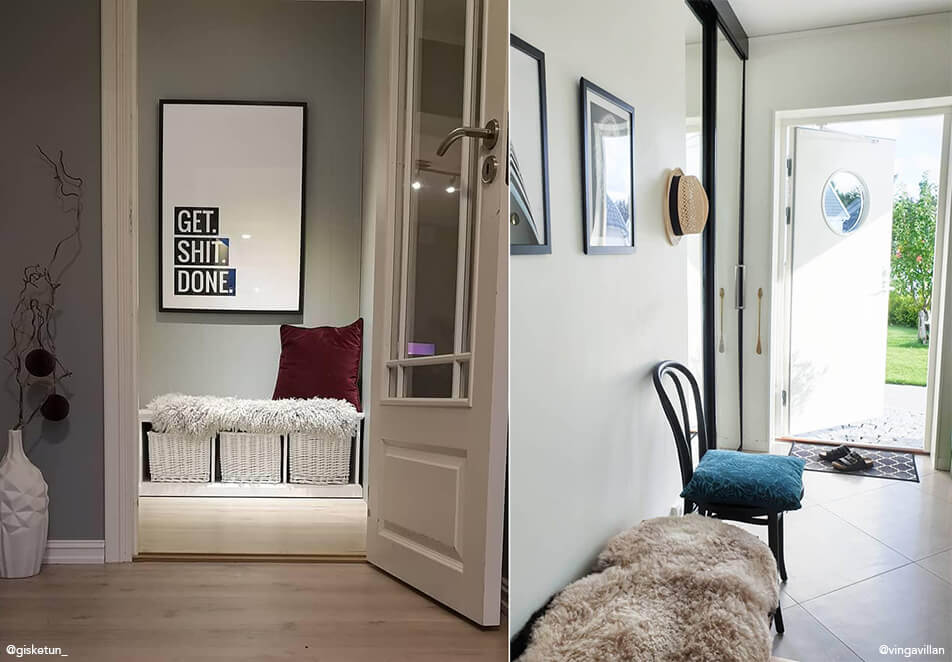 Notranja oprema hodnika - klop s shranjevanjem, črni stol in slike