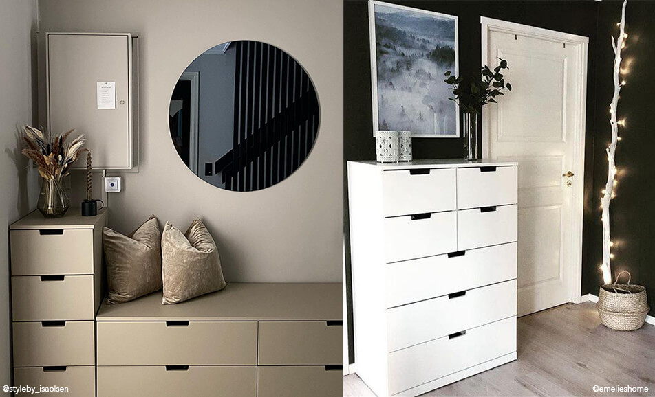 Notranja oprema hodnika - klop s shranjevanjem in bela komoda