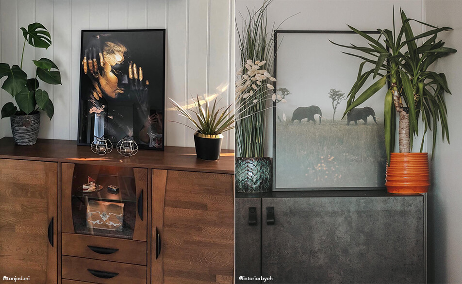 Slike in rastline postavljene na komodi