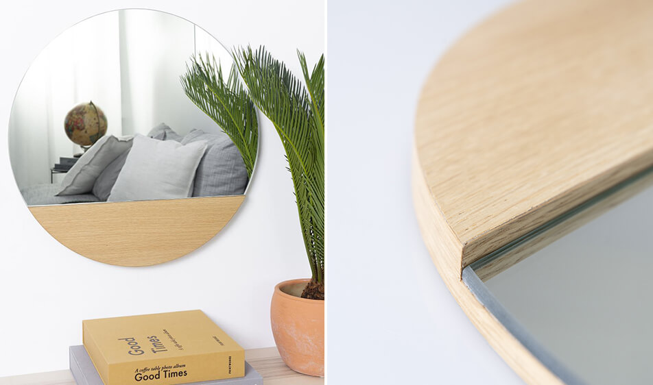 Okroglo ogledalo z lesenim okvirjem iz hrasta - edinstveno ogledalo