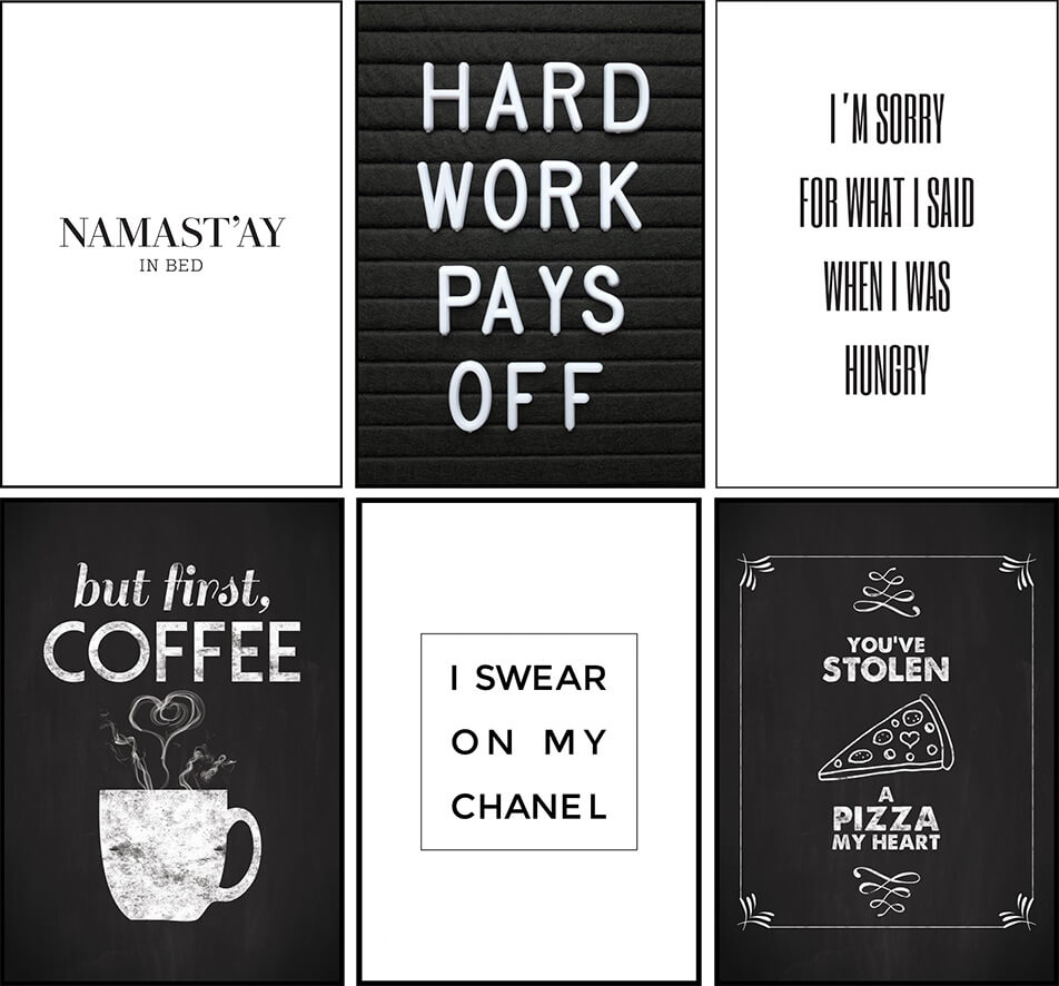 Črno-beli plakate s tekstom in citati